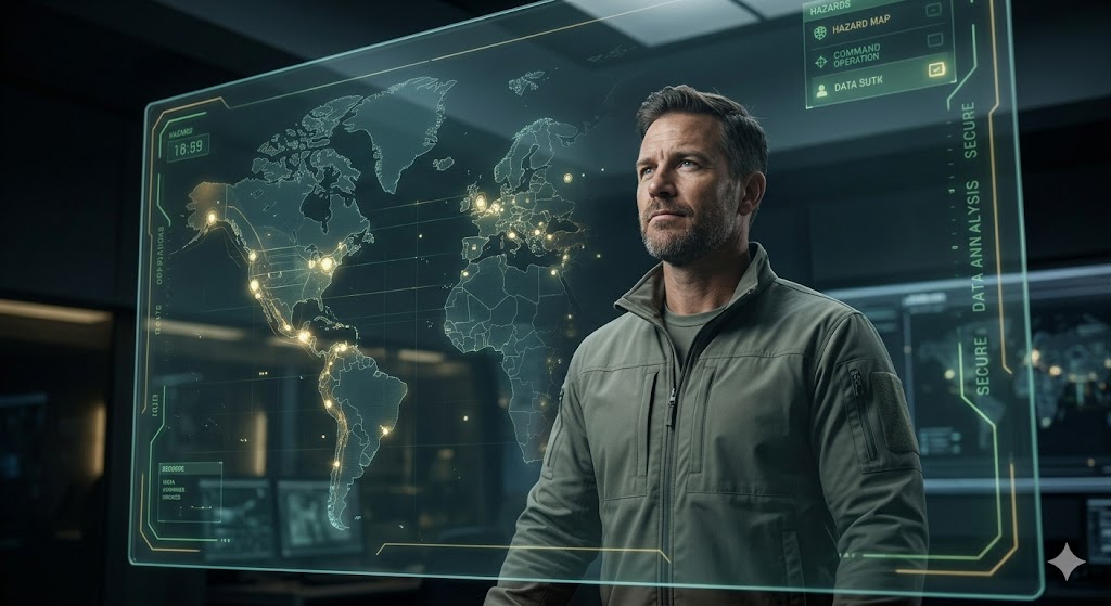 Veteran reviewing a holographic hazard exposure map