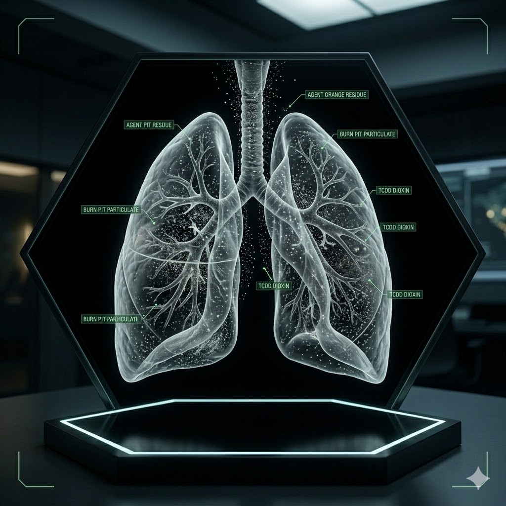 Holographic lungs showing burn-pit particulate, Agent Orange residue, and TCDD dioxin